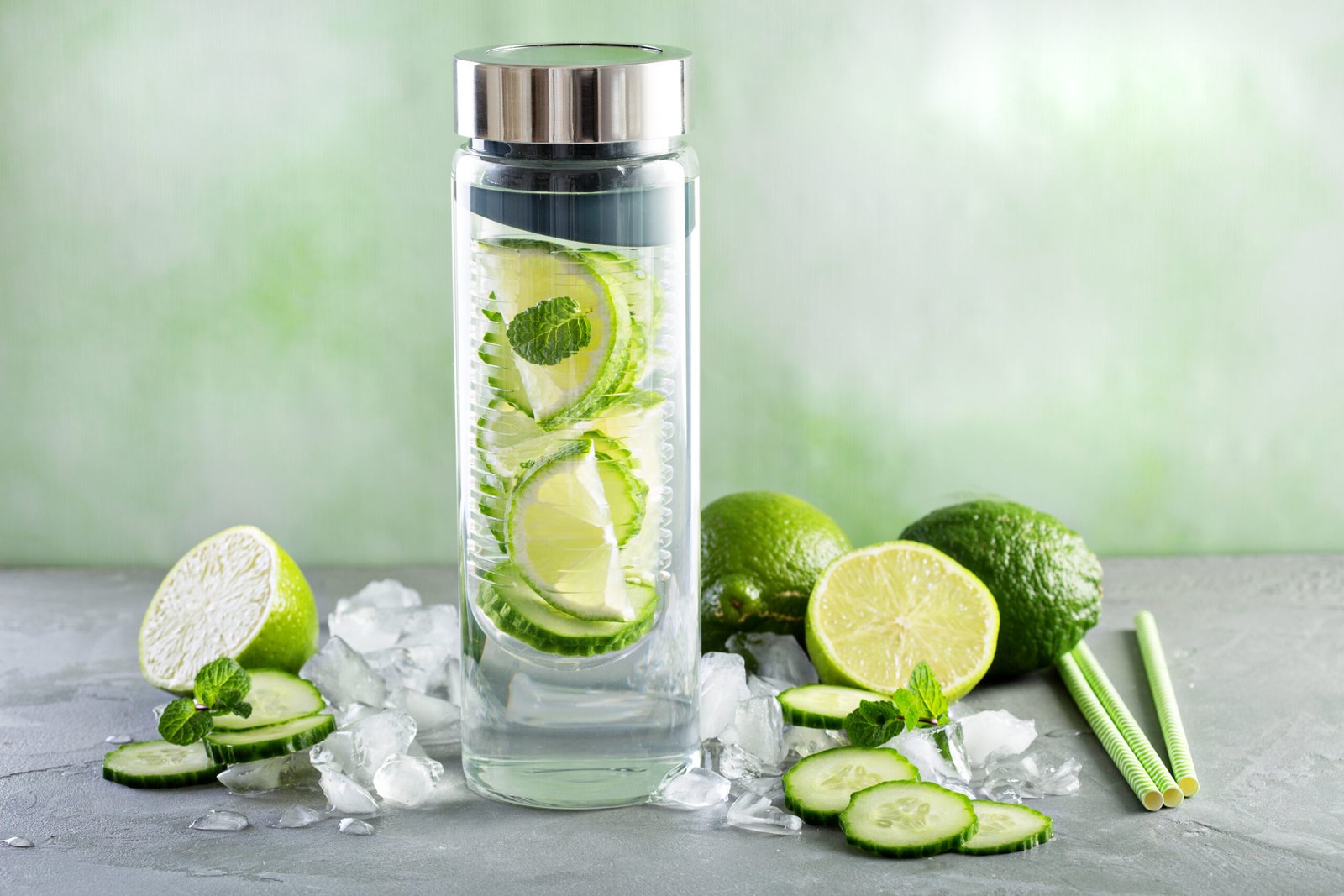 Cold and refreshing infused detox water with lime and cucumber in glass bottle
