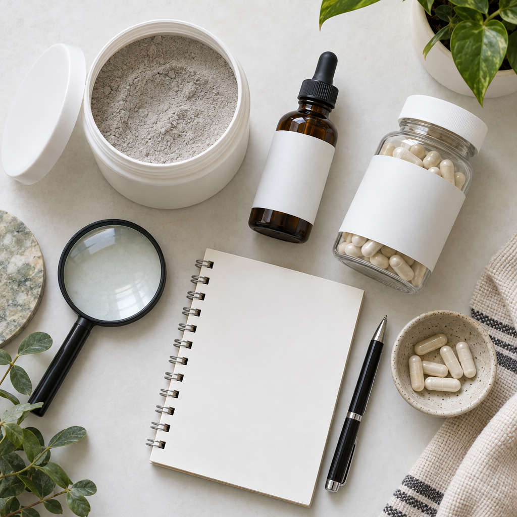 Top-down flat lay of an open powder tub with grey mineral powder, a dropper bottle, a capsule bottle, a magnifying glass, and a blank notepad