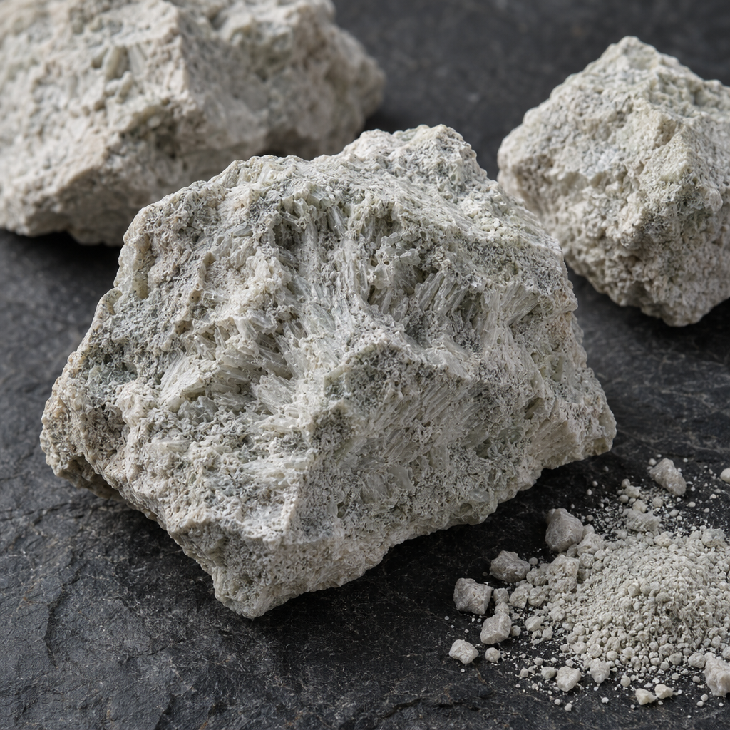 Pale clinoptilolite mineral chunks with porous crystalline texture on dark slate
