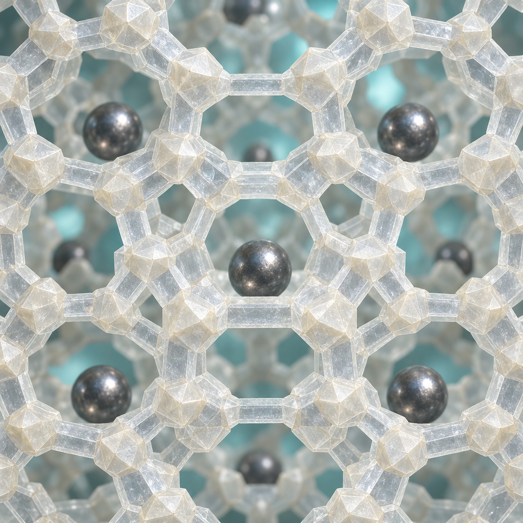 Close-up of a honeycomb zeolite cage lattice with dark metal spheres resting inside the cages